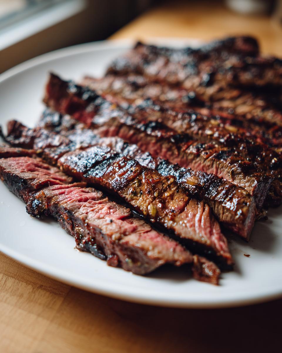 Close-up of medium-rare sliced steak, showing char marks from grilling after using the carne asada marinade.