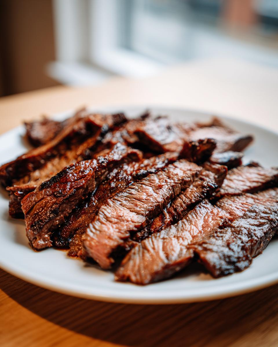 Close-up of medium-rare sliced steak, showing juicy texture from the carne asada marinade, served on a white plate.