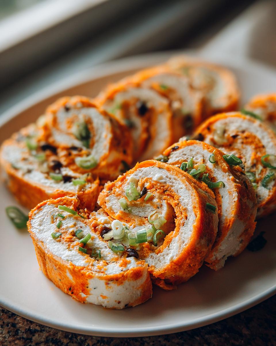 Close-up of several sliced taco pinwheels arranged on a light plate, garnished with green onions.