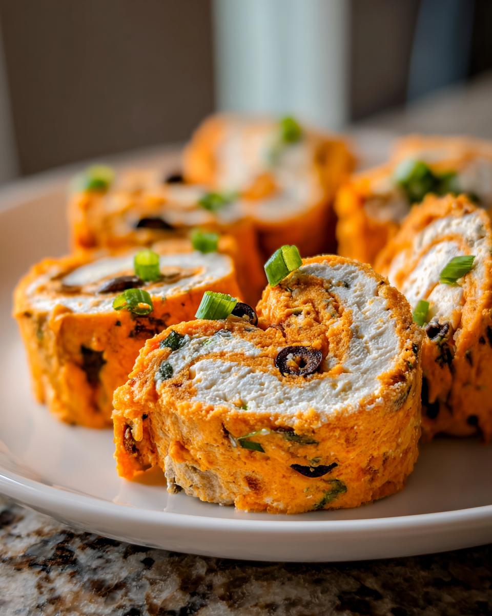 Close-up of several sliced taco pinwheels arranged on a white plate, showing the cream cheese swirl and black olive pieces.