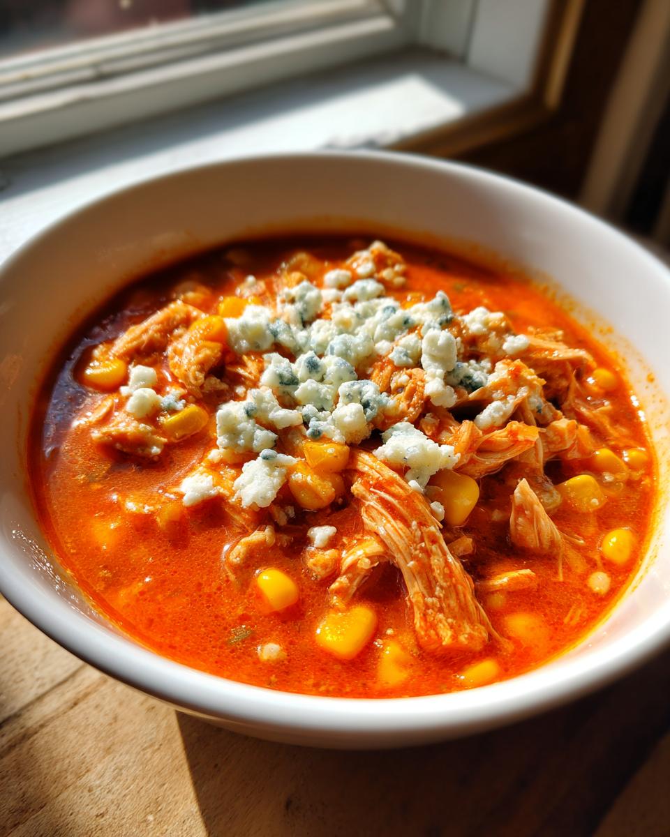A close-up of a white bowl filled with vibrant orange slow cooker buffalo chicken chili, topped generously with crumbled blue cheese and corn kernels.