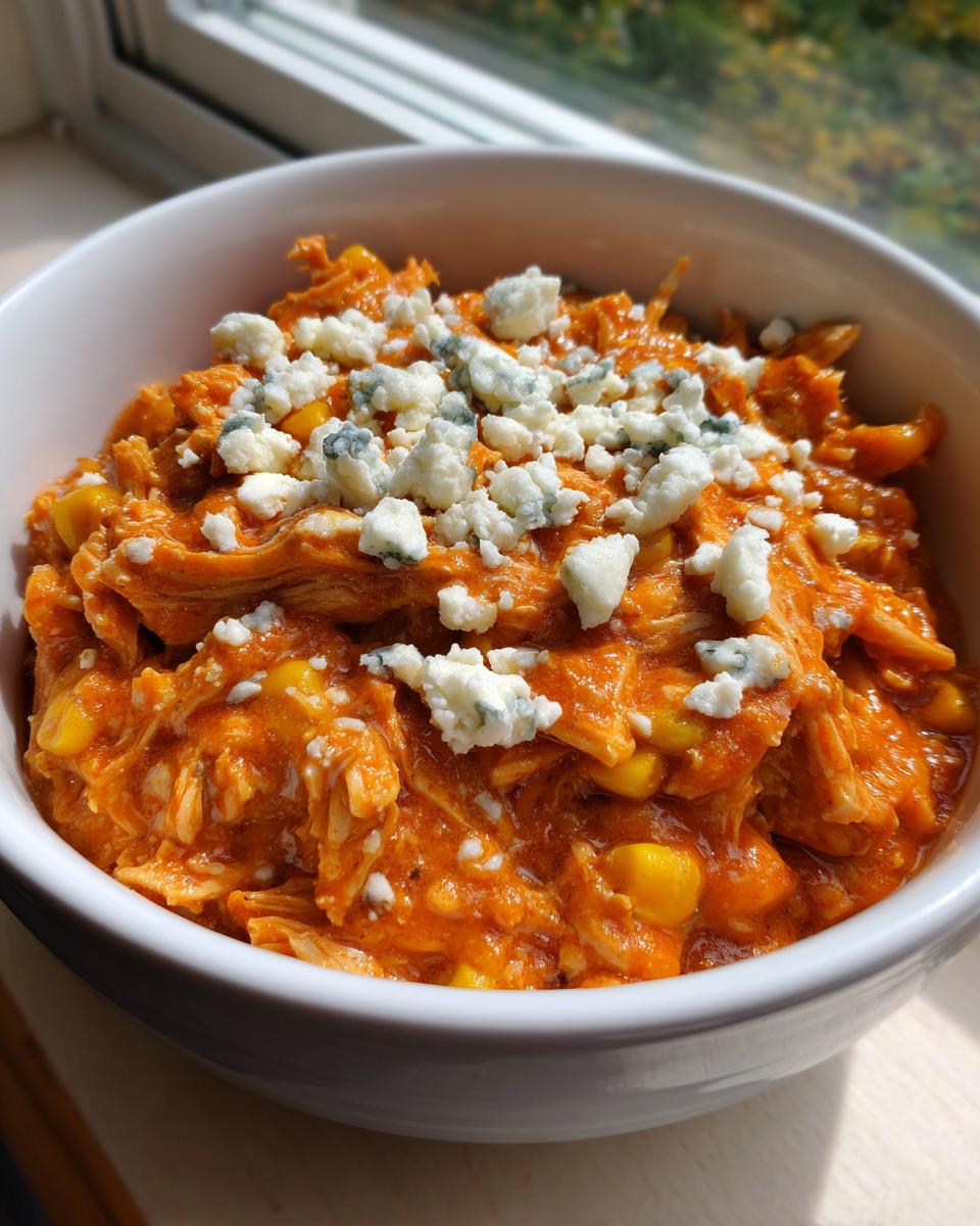 Close-up of a white bowl filled with vibrant orange slow cooker buffalo chicken chili, topped generously with crumbled blue cheese.