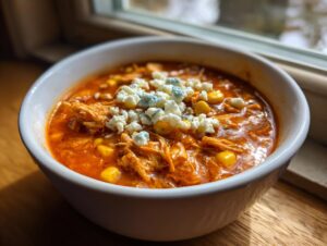 A close-up of a white bowl filled with vibrant orange slow cooker buffalo chicken chili, topped with crumbled blue cheese and corn kernels.