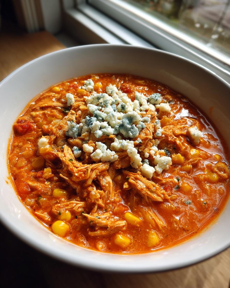 A close-up of a white bowl filled with vibrant orange slow cooker buffalo chicken chili, topped generously with crumbled blue cheese.