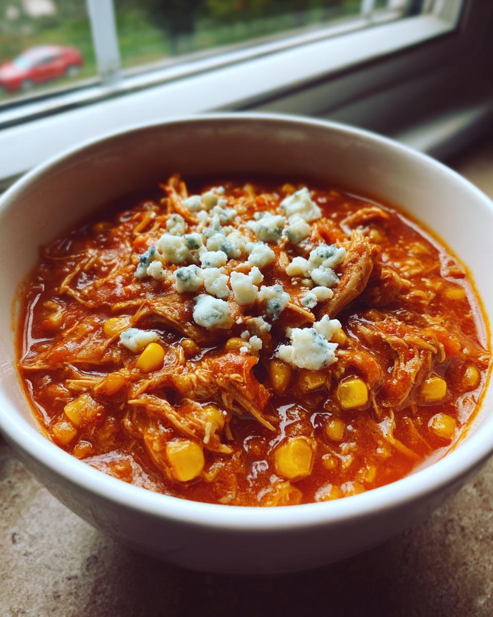 A close-up of a white bowl filled with vibrant red slow cooker buffalo chicken chili, topped with crumbled blue cheese and corn kernels.