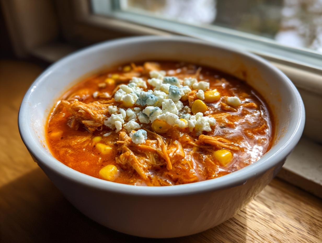 A close-up of a white bowl filled with vibrant orange slow cooker buffalo chicken chili, topped with crumbled blue cheese and corn kernels.