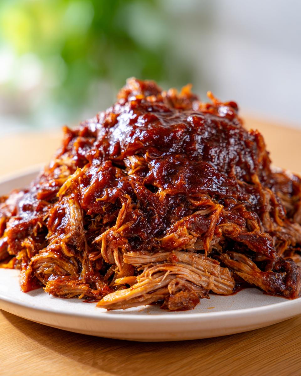 A generous mound of shredded, saucy Slow Cooker Pulled Pork piled high on a white plate.