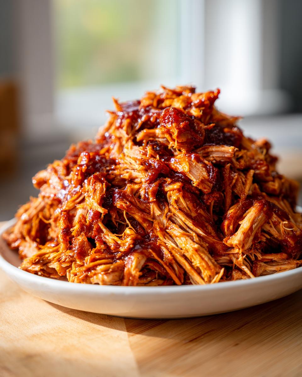A close-up of a large mound of juicy, shredded Slow Cooker Pulled Pork coated in rich barbecue sauce, served on a white plate.