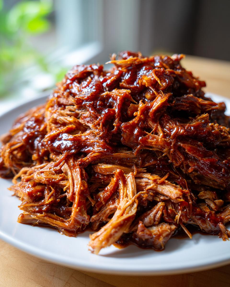 A close-up of a generous mound of saucy, shredded Slow Cooker Pulled Pork piled high on a white plate.