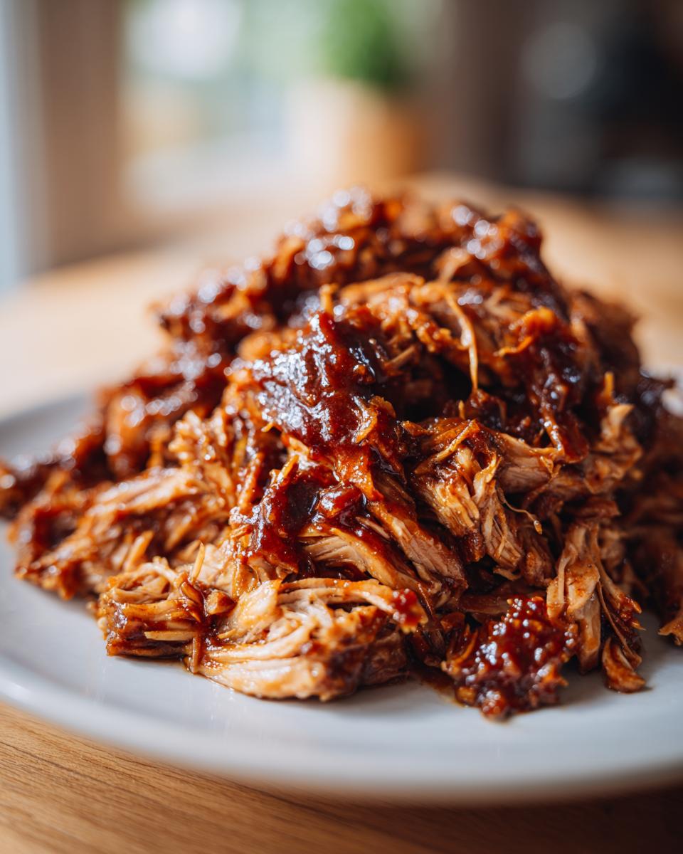 Close-up of shredded, saucy Slow Cooker Pulled Pork piled high on a white plate.