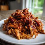 A close-up of tender, shredded Slow Cooker Pulled Pork generously coated in dark barbecue sauce on a white plate.