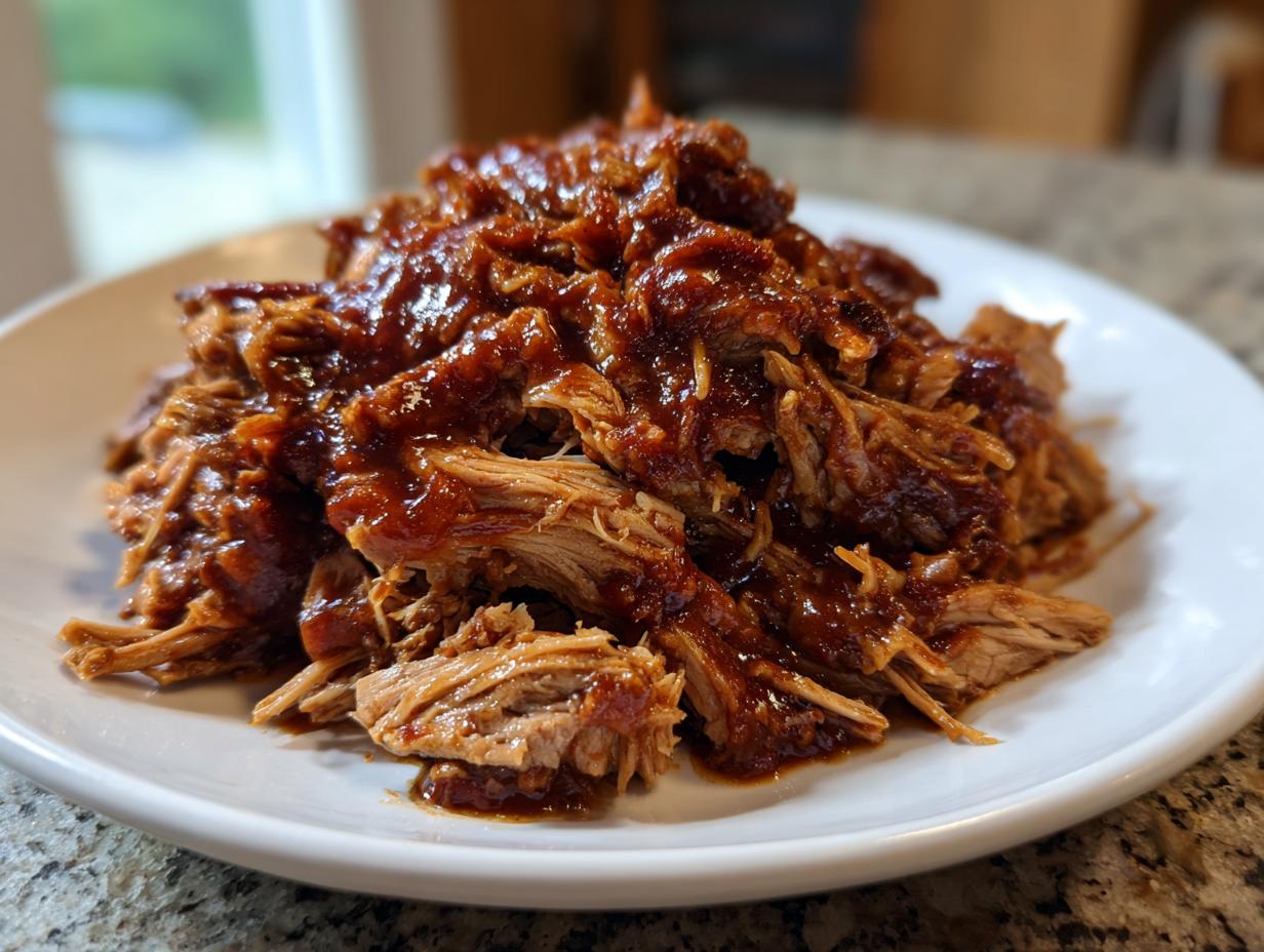 Close-up of tender, shredded Slow Cooker Pulled Pork generously coated in rich barbecue sauce on a white plate.