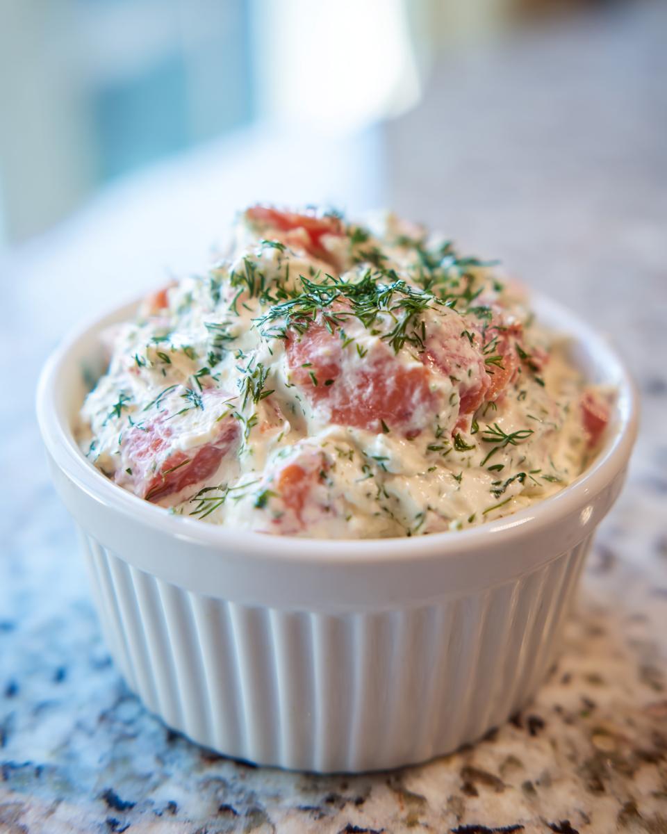 Close-up of creamy smoked salmon dip topped generously with fresh dill in a white ribbed ramekin.
