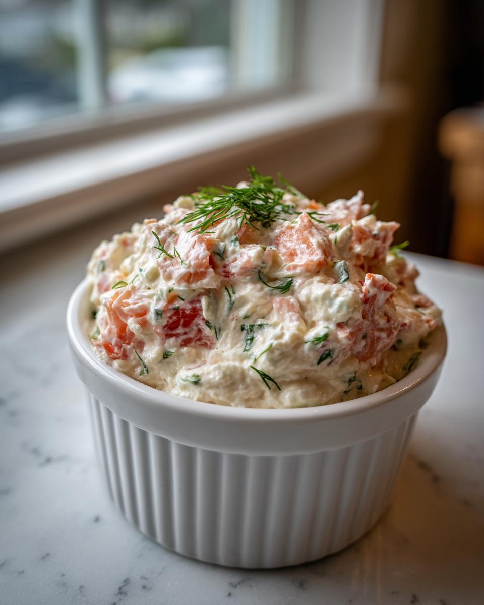 A white ramekin filled with creamy smoked salmon dip, garnished with fresh dill, sitting on a marble surface.