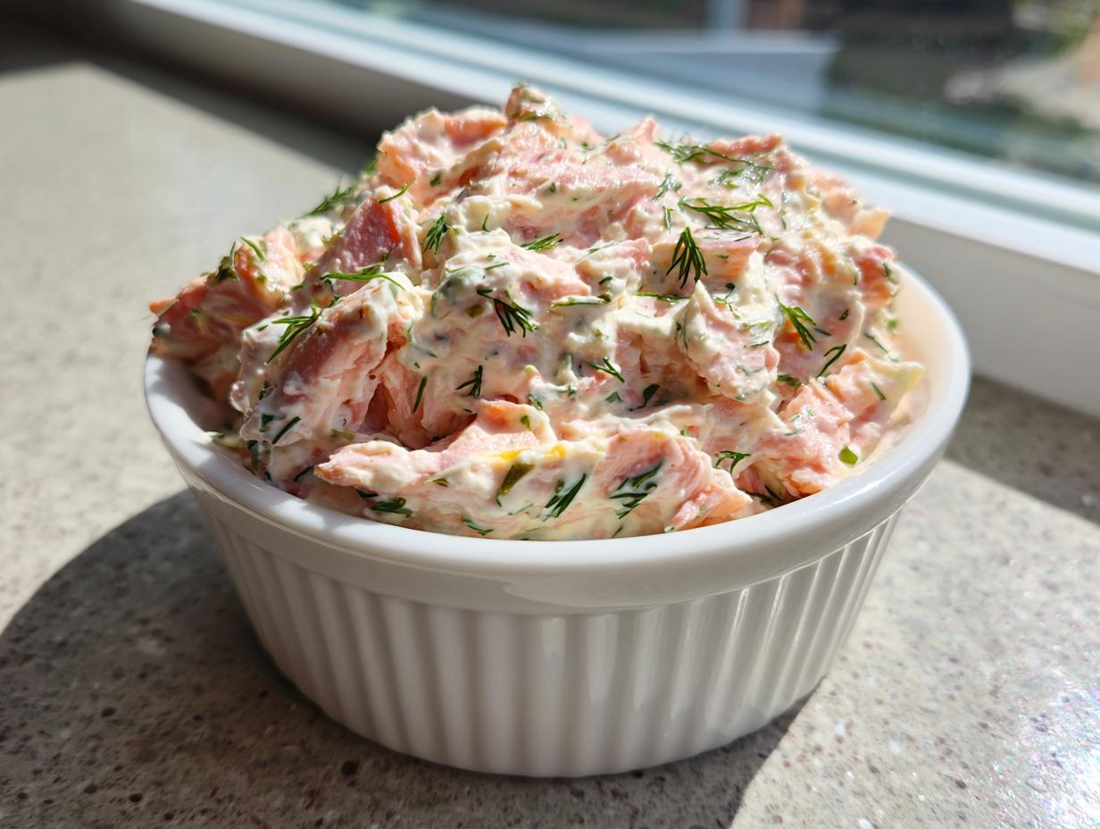 A close-up of creamy smoked salmon dip, garnished with fresh dill, served in a small white ramekin.