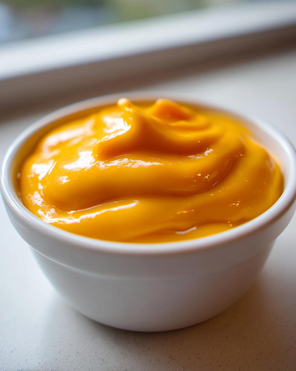 Close-up of rich, bright orange nacho cheese sauce swirled beautifully in a small white dipping bowl.