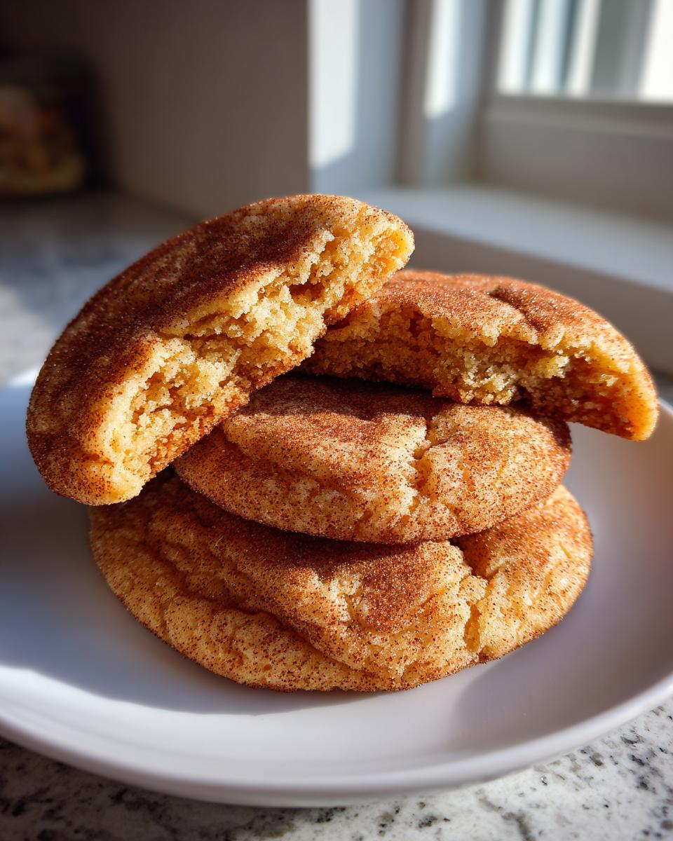A stack of three soft, chewy Snickerdoodle cookies, one broken open to show the texture.