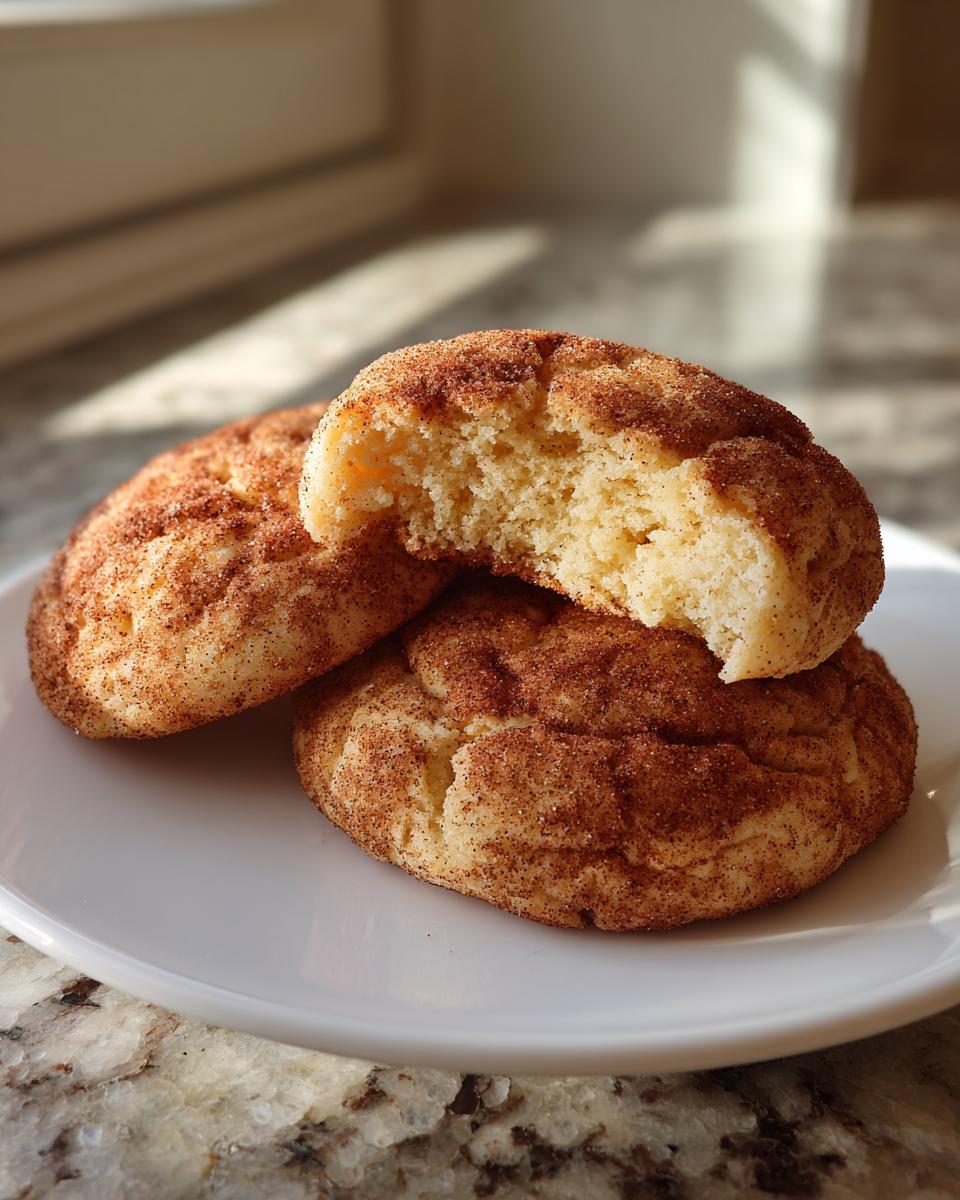 Three freshly baked Snickerdoodle cookies on a white plate, one broken open showing the soft interior.