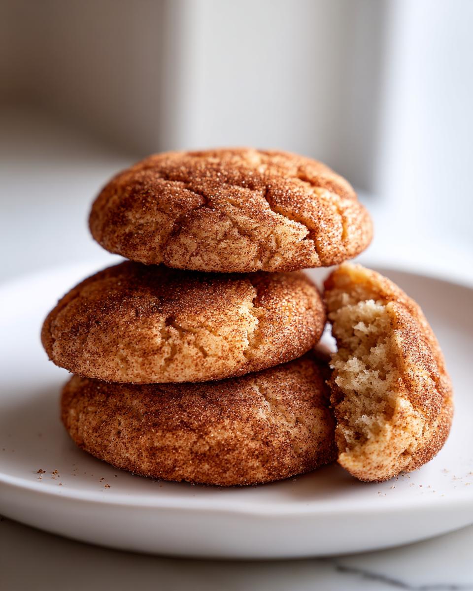 A stack of three soft, chewy Snickerdoodle cookies coated in cinnamon sugar, with one cookie broken open to show the texture.