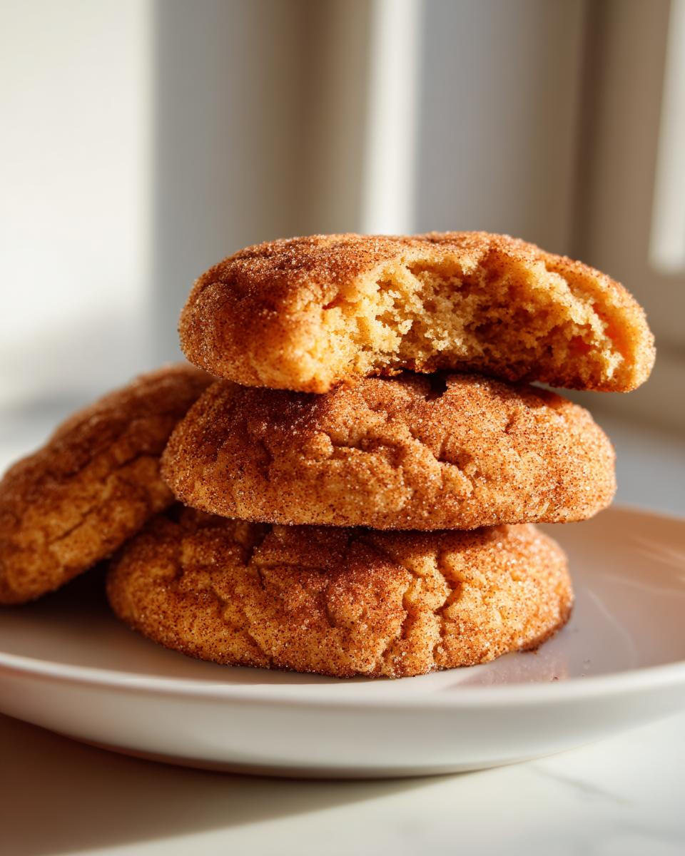 A stack of three soft, chewy Snickerdoodle cookies coated in cinnamon sugar, with the top cookie having a bite taken out.