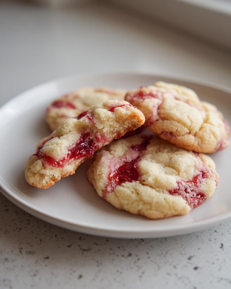 Close-up of soft strawberry cheesecake cookies, one broken open to show the jammy filling.