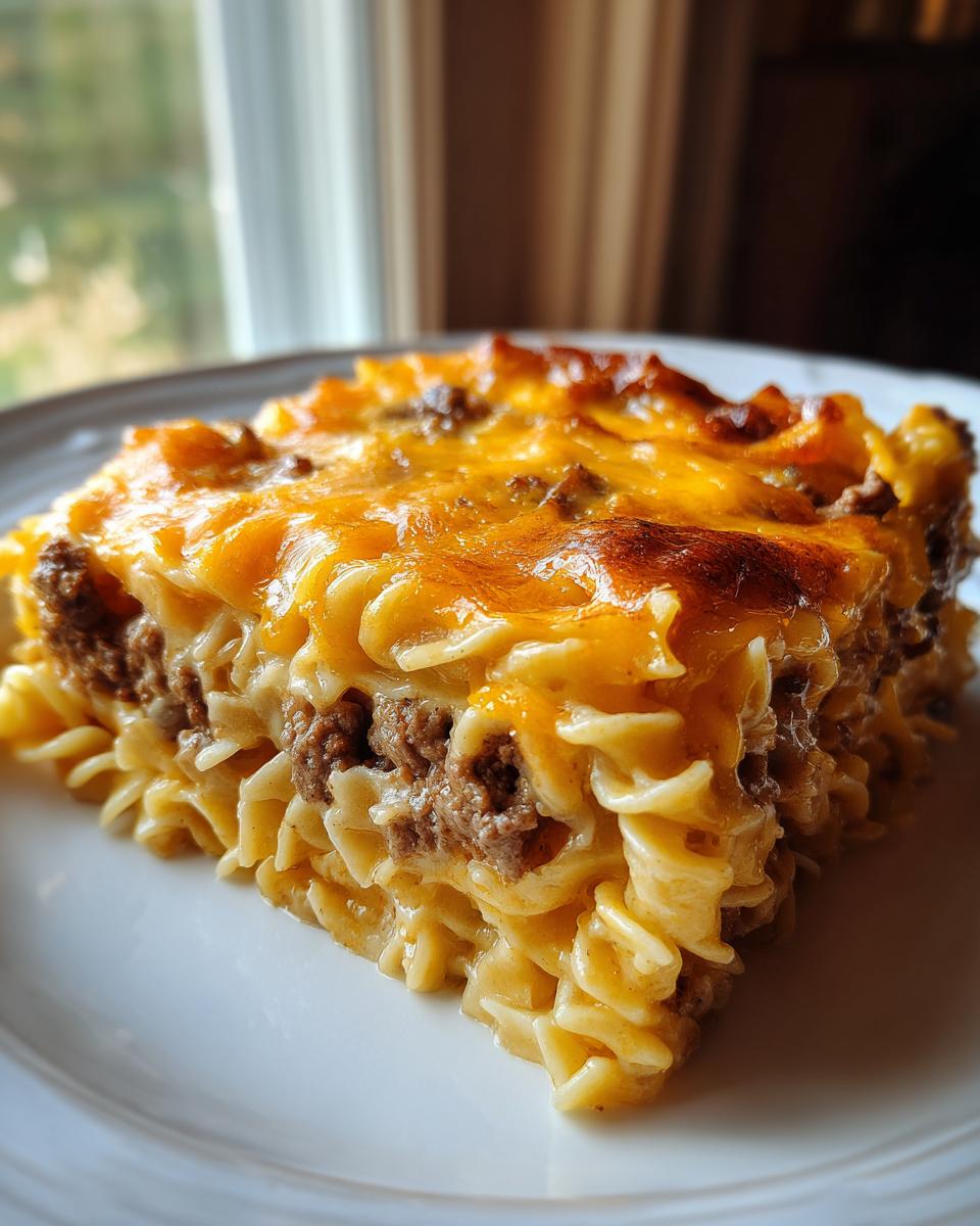 A close-up serving of sour cream beef noodle casserole featuring egg noodles, ground beef, and a bubbly, melted cheddar cheese topping.