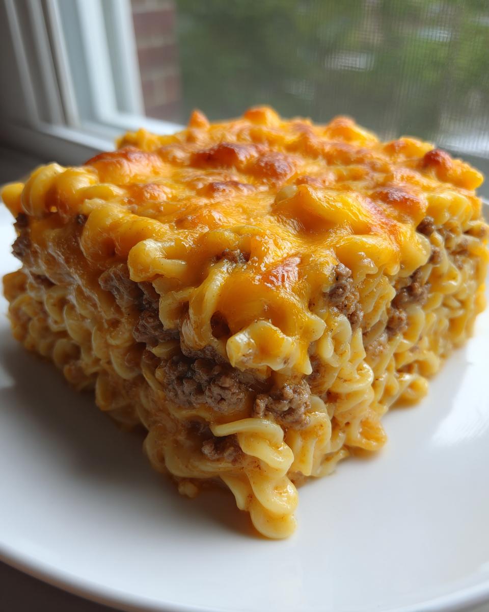 A thick, square slice of sour cream beef noodle casserole topped with melted, browned cheddar cheese.