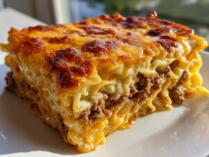 A close-up, golden-brown slice of sour cream beef noodle casserole showing layers of pasta, ground beef, and a melted cheese topping.