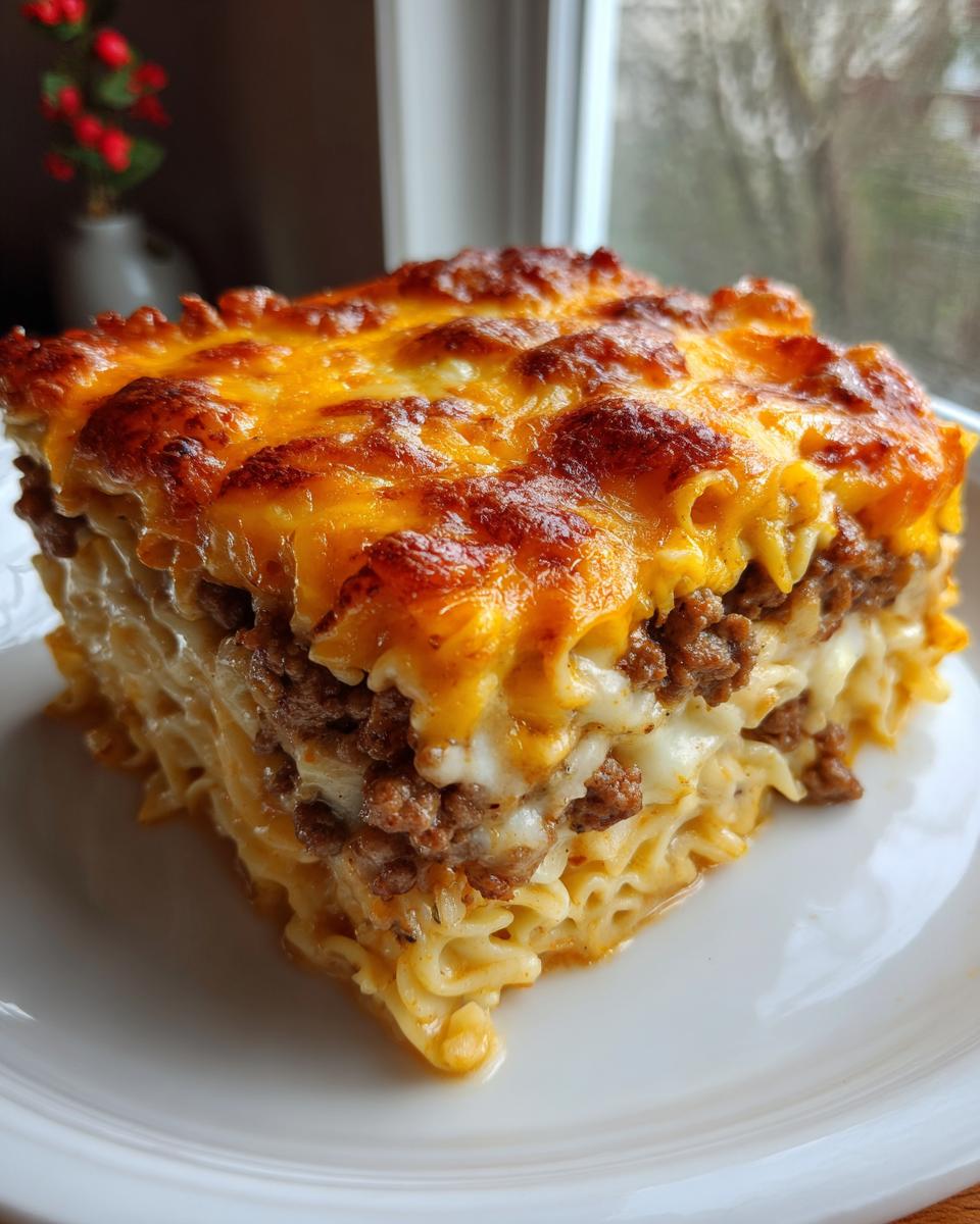 A thick slice of sour cream beef noodle casserole featuring layers of noodles, ground beef, and a bubbly, browned cheddar cheese topping.