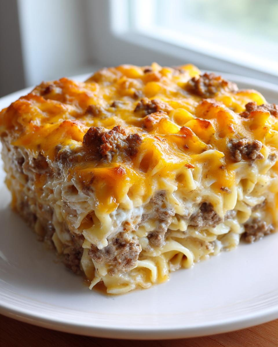 A thick, square slice of sour cream beef noodle casserole topped with melted cheddar cheese.