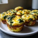 A close-up of several baked spinach and cheese egg muffin cups arranged on a white plate.