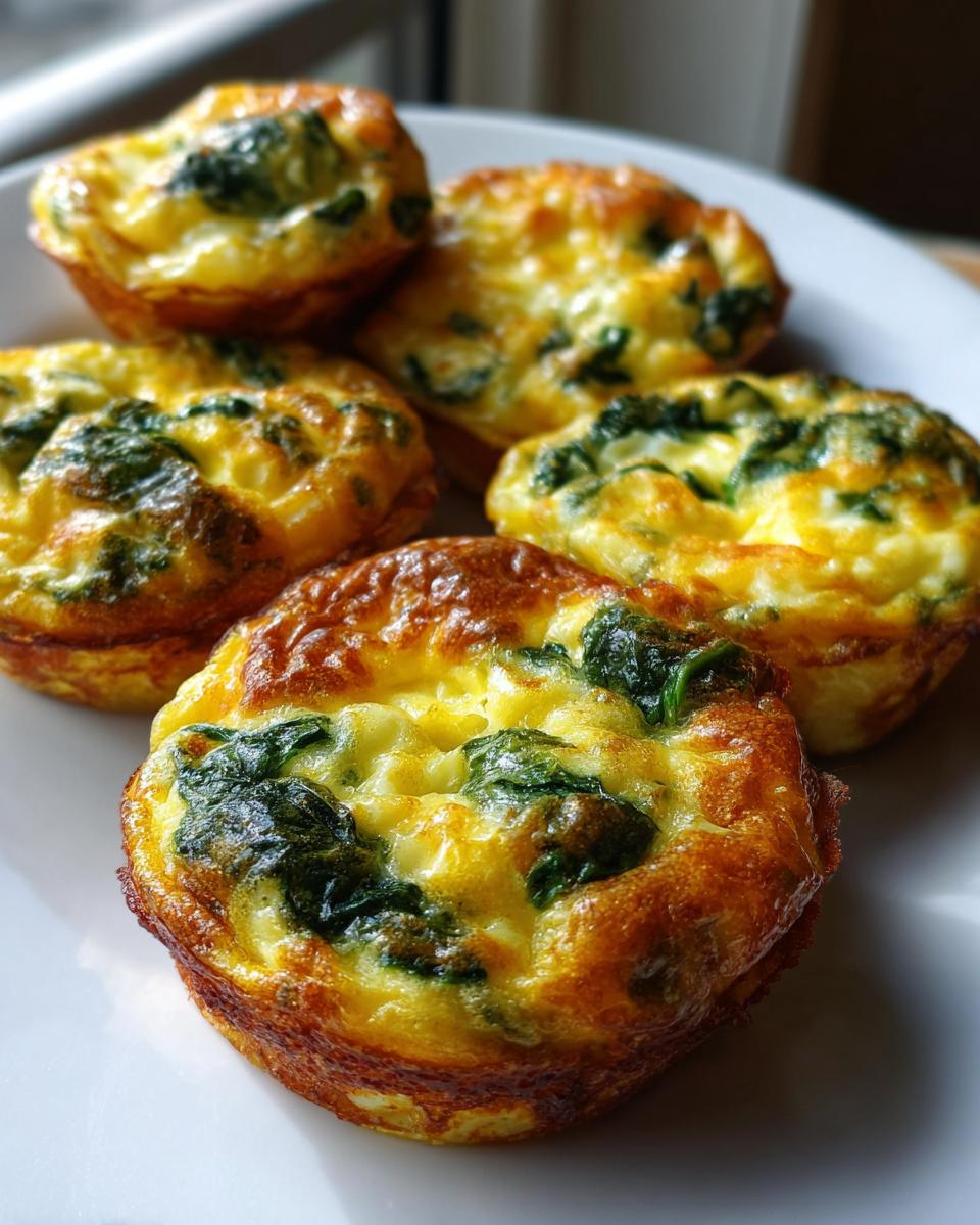 Five golden brown spinach egg muffin cups piled on a white plate, showing baked egg and visible green spinach.
