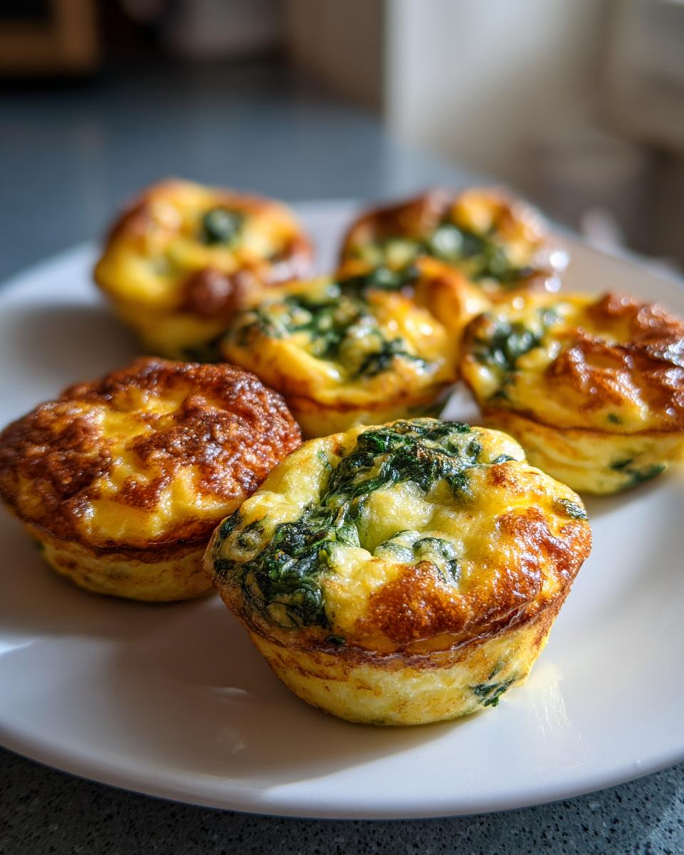 Close-up of several baked spinach egg muffin cups with golden-brown tops served on a white plate.