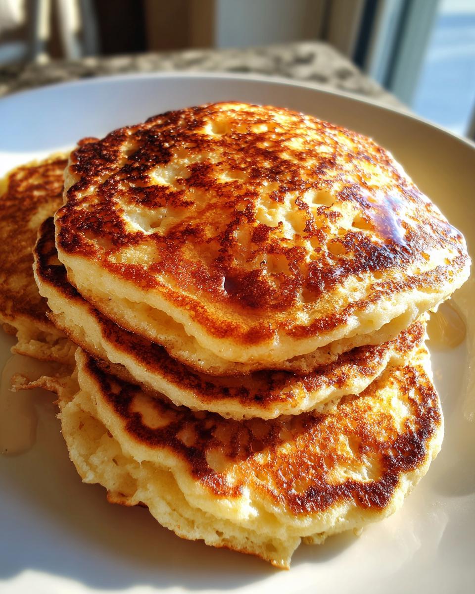 A close-up stack of fluffy, golden-brown almond flour pancakes drizzled with syrup on a white plate.
