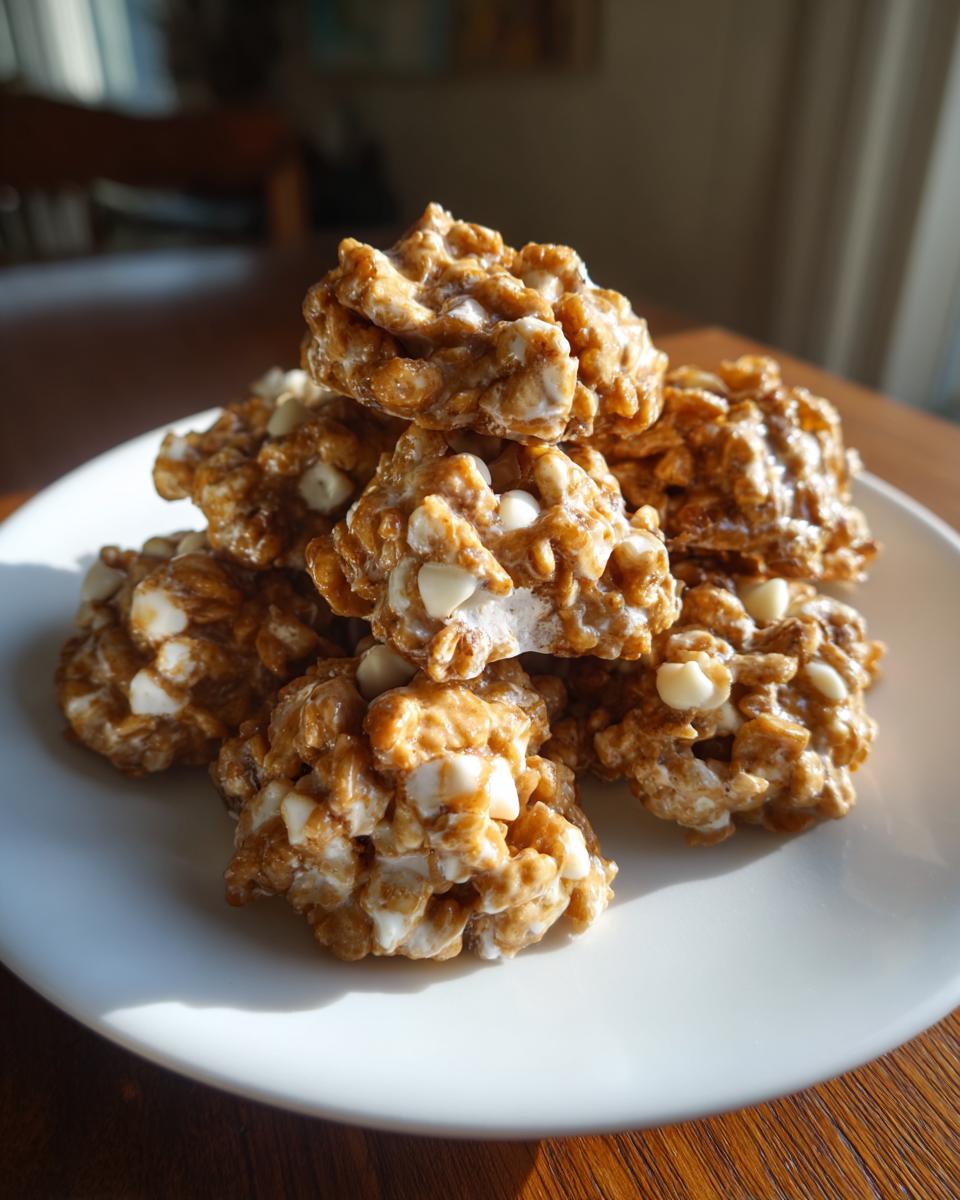A stack of homemade avalanche cookies featuring peanut butter, cereal, and white chocolate chips on a white plate.