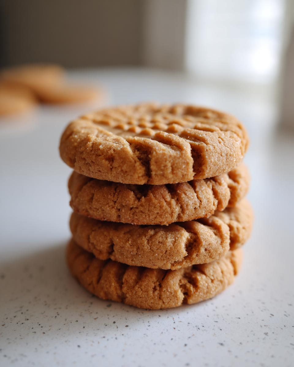A vertical stack of four classic peanut butter cookies showing the traditional criss-cross fork marks.