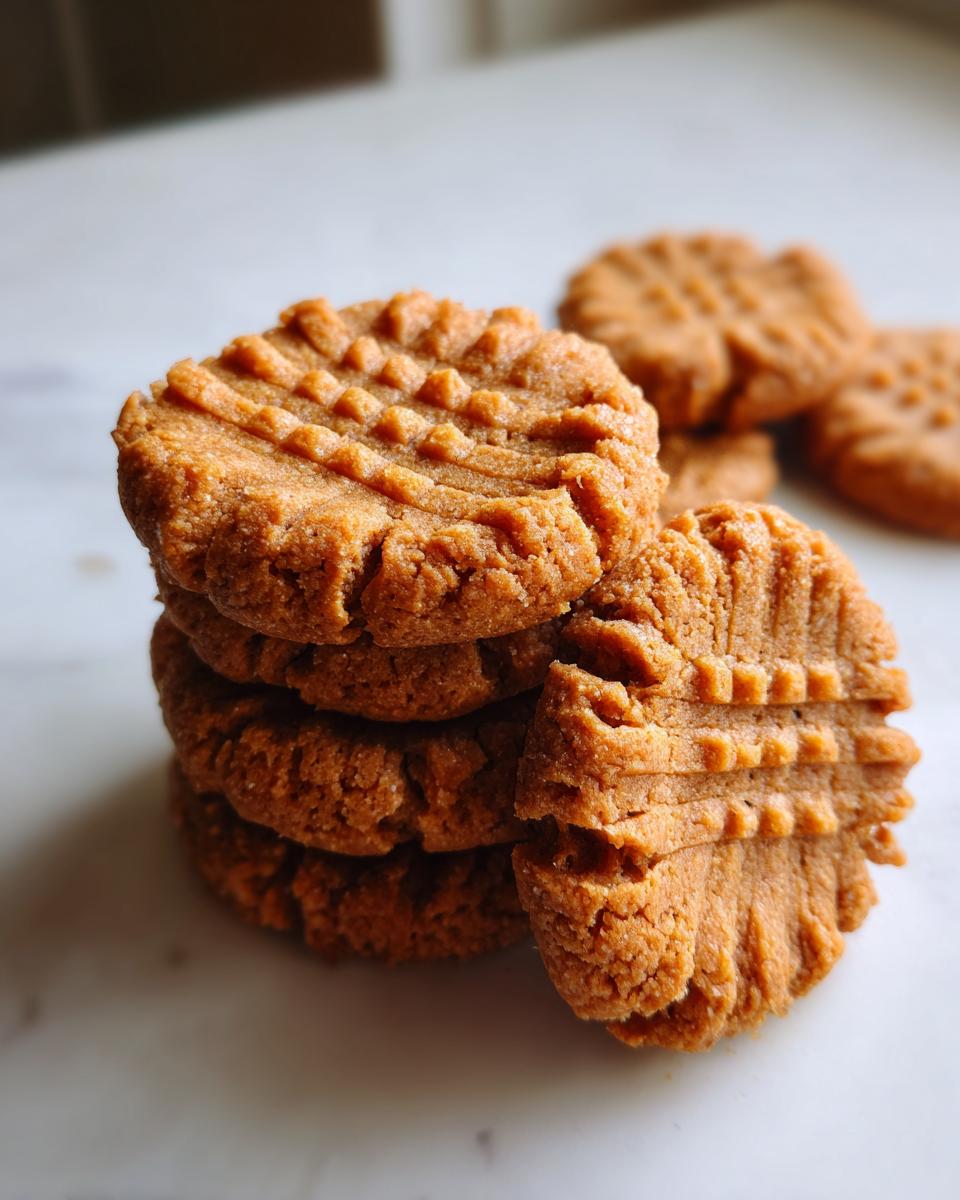 Close-up of a stack of freshly baked peanut butter cookies showing the classic crisscross fork pattern.