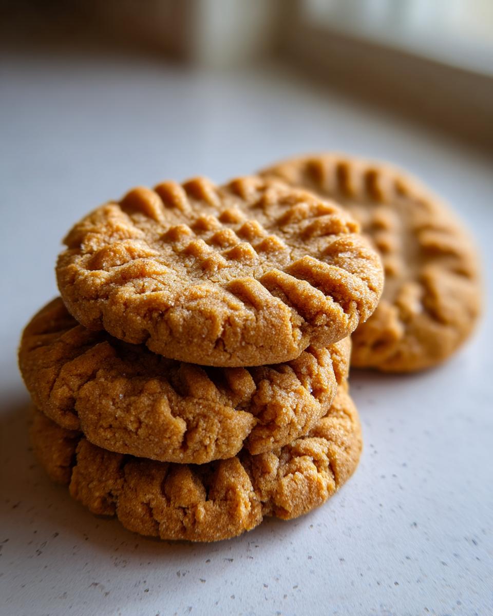 A close-up stack of three golden brown peanut butter cookies showing the classic crosshatch pattern on top.