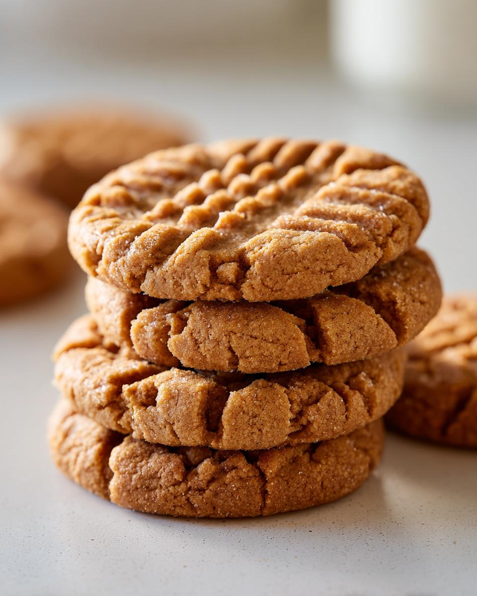 A close-up stack of four classic peanut butter cookies showing the signature crisscross fork pattern.