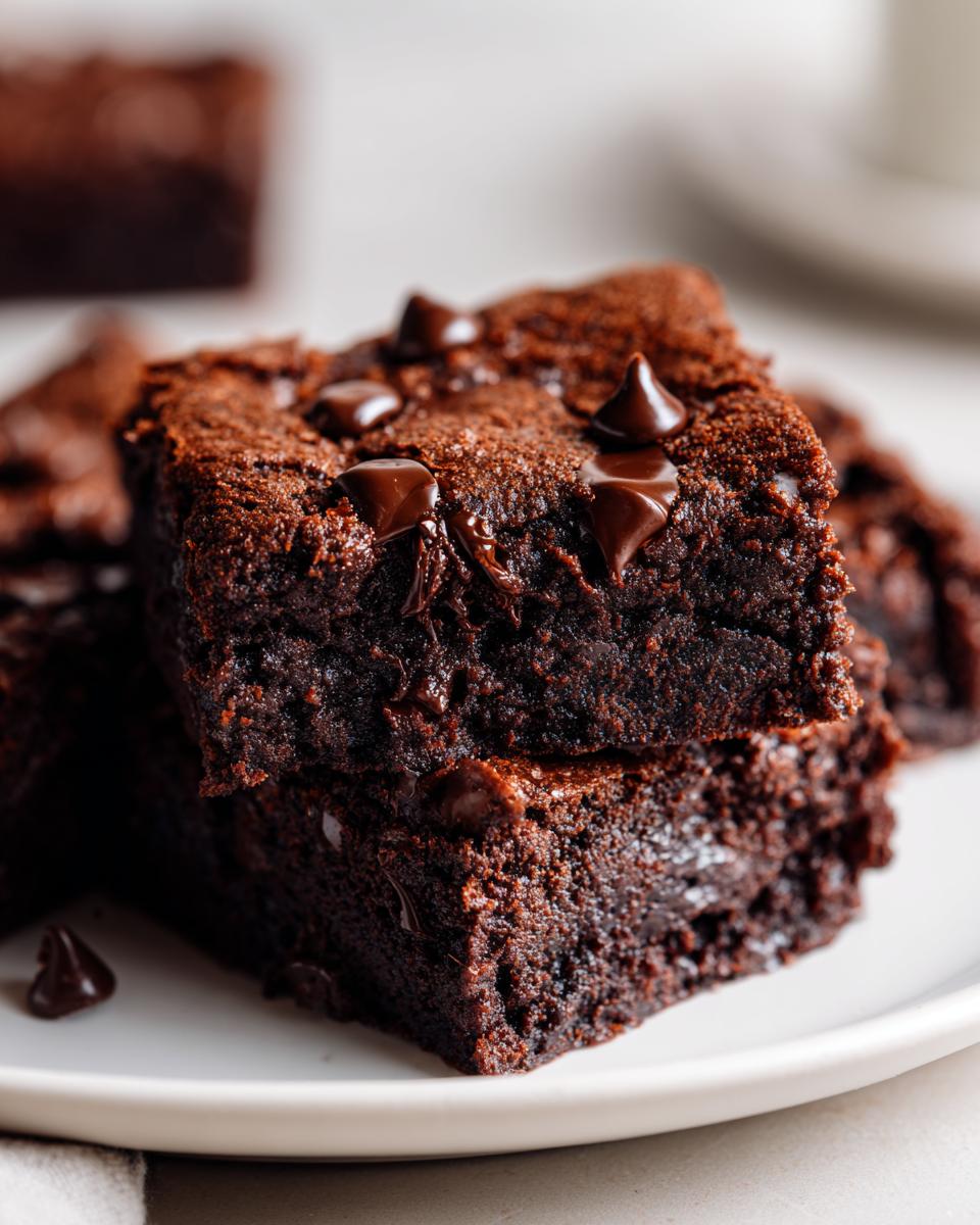 Two stacked, rich, dark chocolate fudgy brownies topped with melted chocolate chips on a white plate.