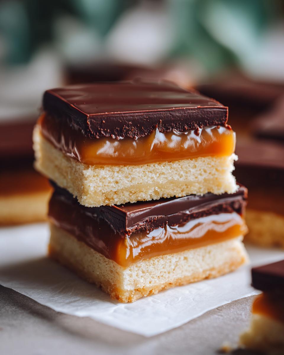 Two stacked homemade Twix bars showing a shortbread base, thick caramel layer, and chocolate topping.