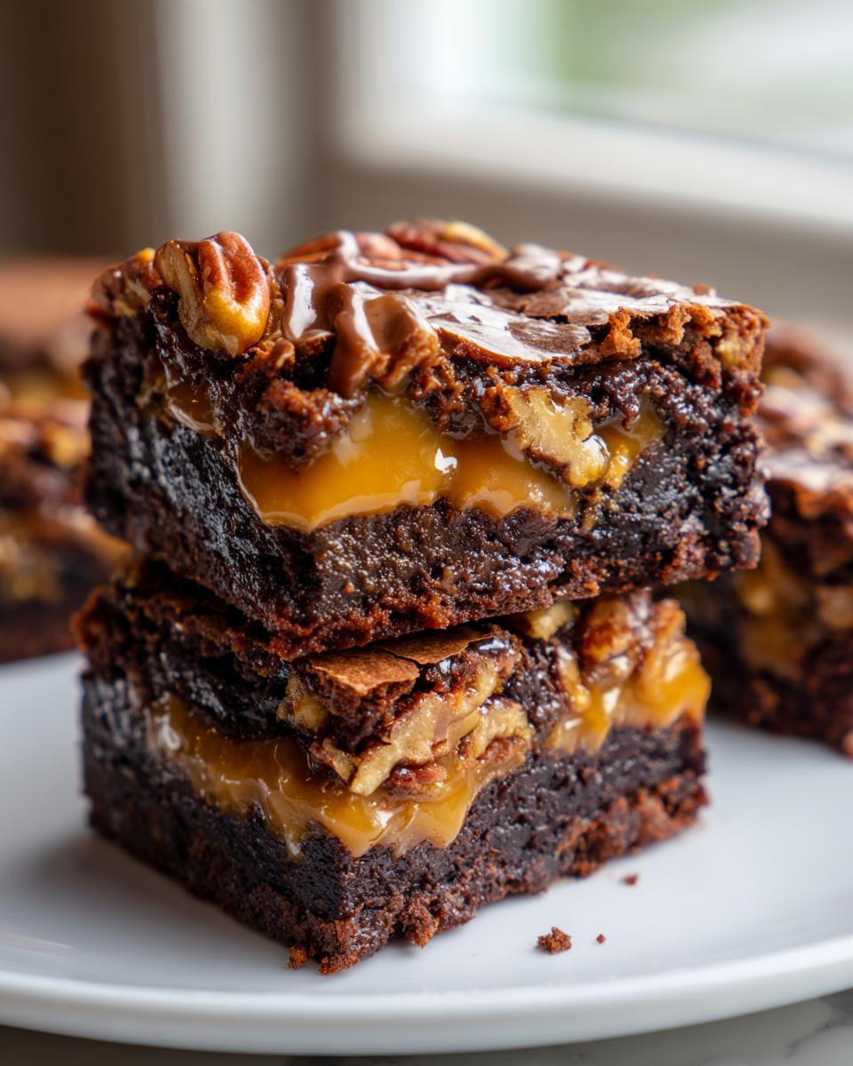 Two stacked, fudgy turtle brownies showing a thick layer of gooey caramel and pecans inside.