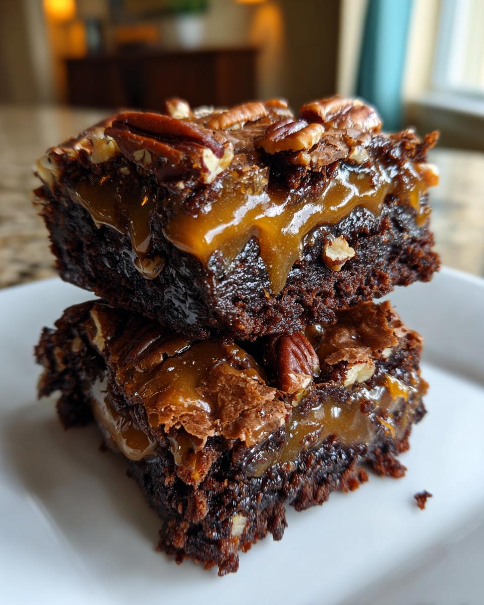 Two stacked, rich chocolate turtle brownies topped with gooey caramel sauce and whole pecans.