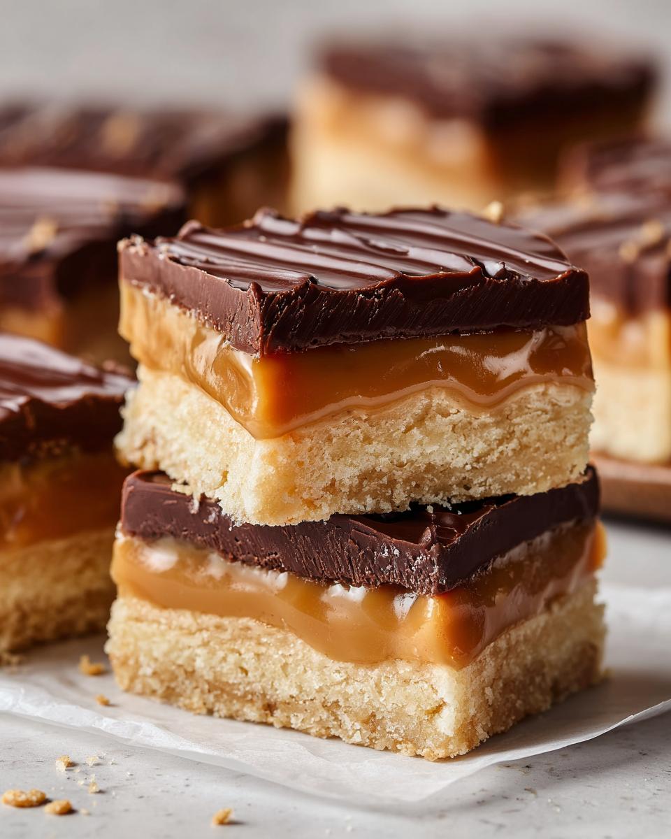 Close-up of two stacked homemade Twix bars showing shortbread, gooey caramel, and a chocolate topping.