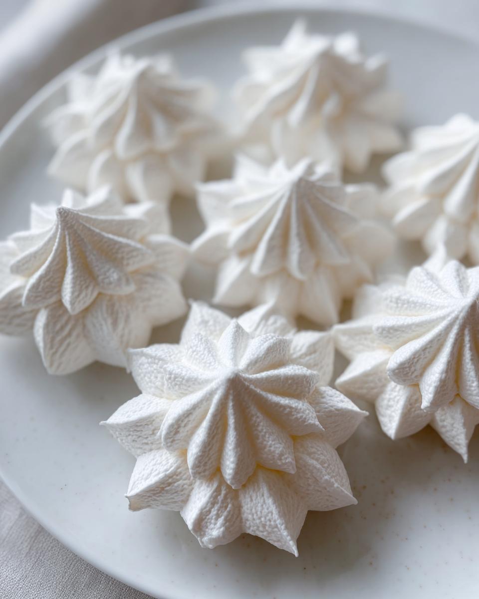 Close-up of several perfectly piped, star-shaped white meringue cookies arranged on a light-colored plate.