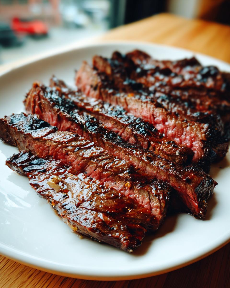 Slices of medium-rare steak, glistening with marinade, served on a white plate, showing the results of the carne asada marinade.