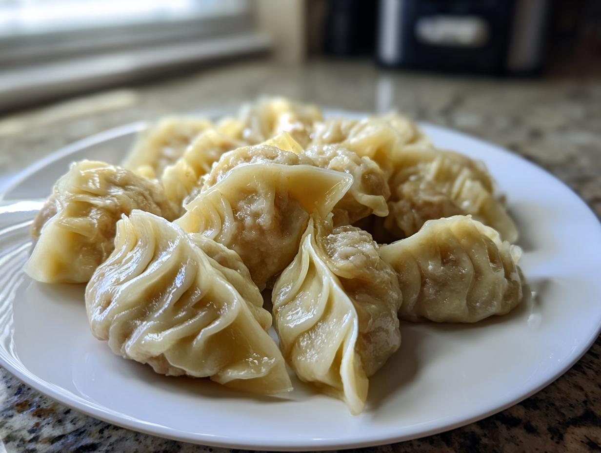 A close-up of several freshly steamed Traditional Chinese Dumplings arranged on a white plate.