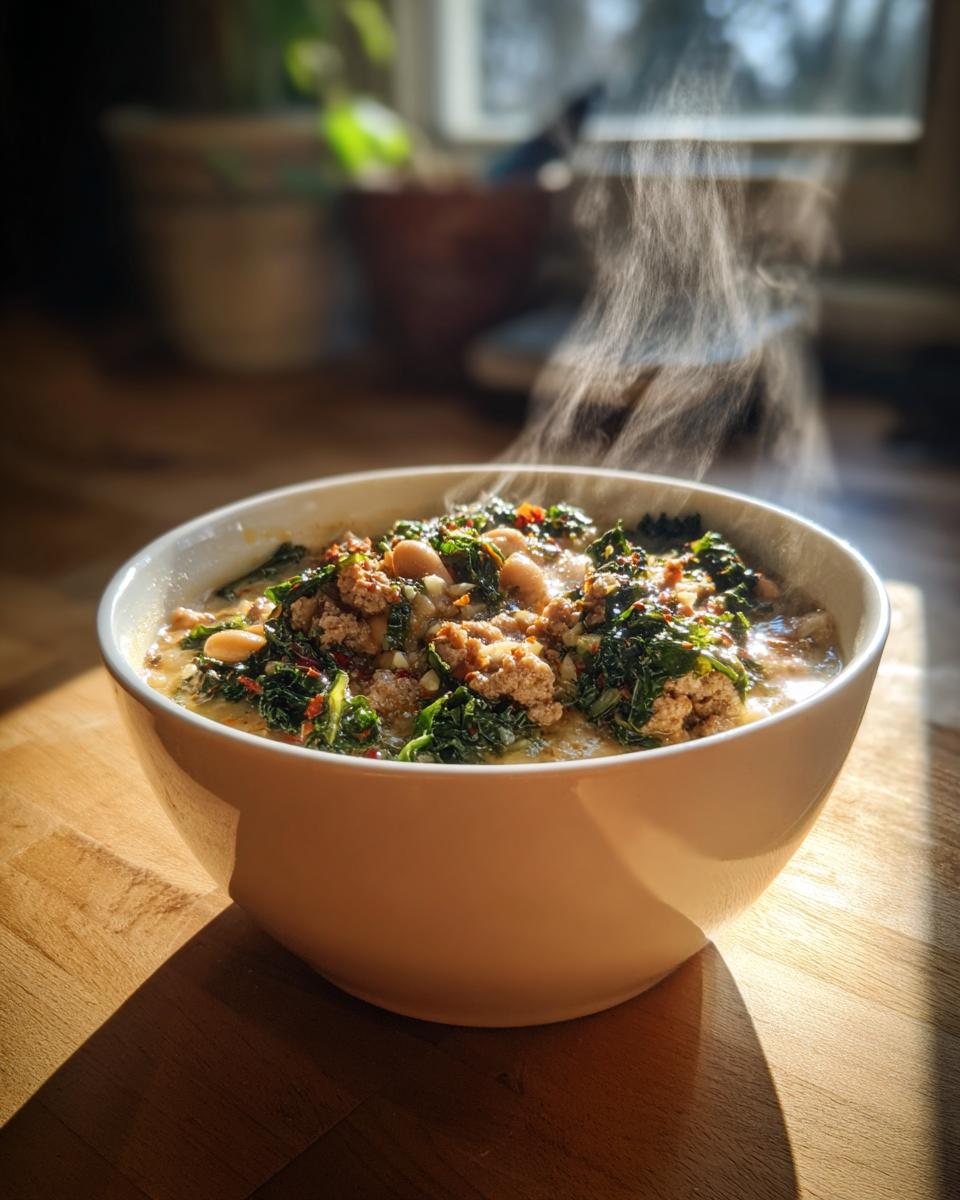 A steaming white bowl filled with hearty Tuscan white bean soup, featuring cannellini beans, crumbled sausage, and dark green kale.
