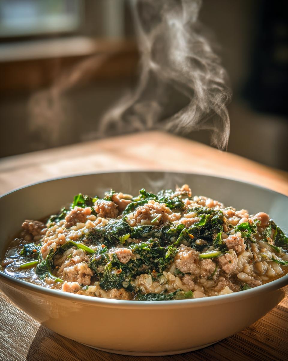 A steaming bowl of thick Tuscan white bean soup featuring sausage and dark green kale.