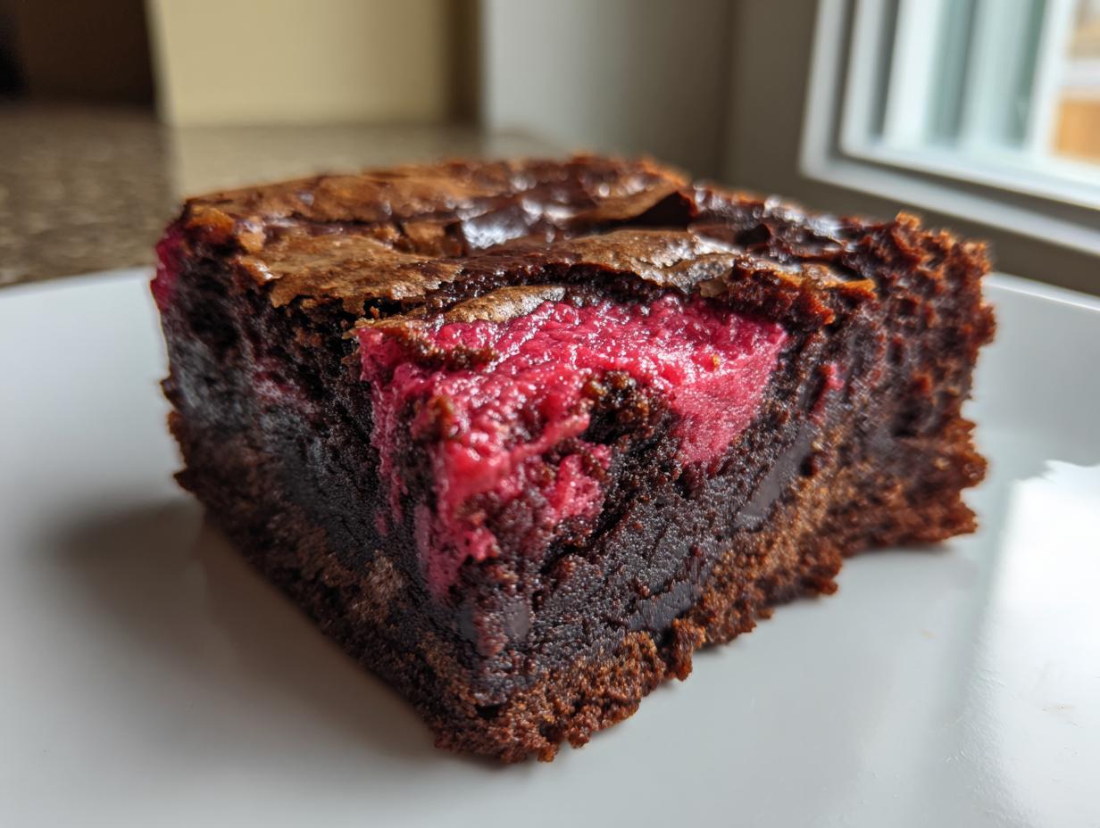 A close-up view of a single, fudgy strawberry brownies square showing a bright pink strawberry swirl center.